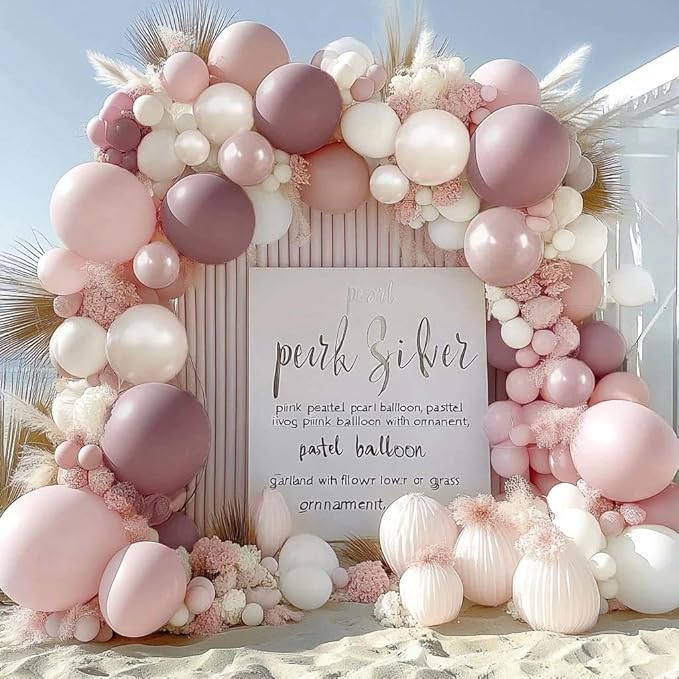 Pink White Balloon Arch Double Stuffed Pearl Pink Bobo Balloons Garland for Birthday Baby Shower Bridal Shower Wedding Fairy Baptism Party Decorations