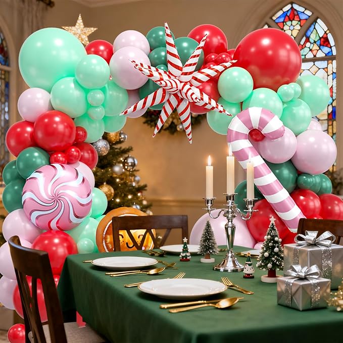 Christmas Balloon Arch Garland Kit,120PCS Christma Pastel Pink Green Balloons, Candy Crutch Gingerbread Foil Ballons for MerryChristmas Party Decorations Party Supply Birthday,Baby Shower