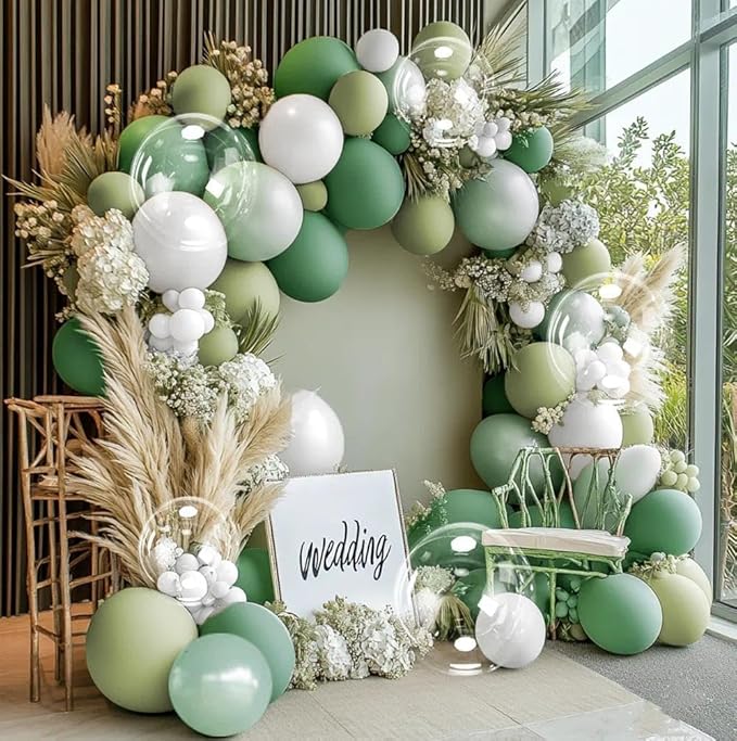 Green White Balloons Double Stuffed Dusty Green Bobo Pearl Balloon Arch Kit Latex Light Olive White Balloon Garland for Bridal Shower Birthday Baby Shower Wedding Anniversary Baptism Decor