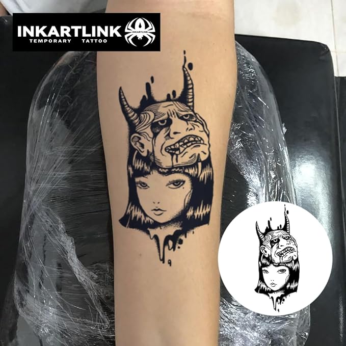 INKARTLINK Tattoo Tech, 2 Sheets Large Semi Permanent Tattoo, Adult Art Design Temporary Tattoos, Lasts 1-2 Weeks, Waterproof, Realistic Look, No Adhesive, No Reflection (Female Devil Design)