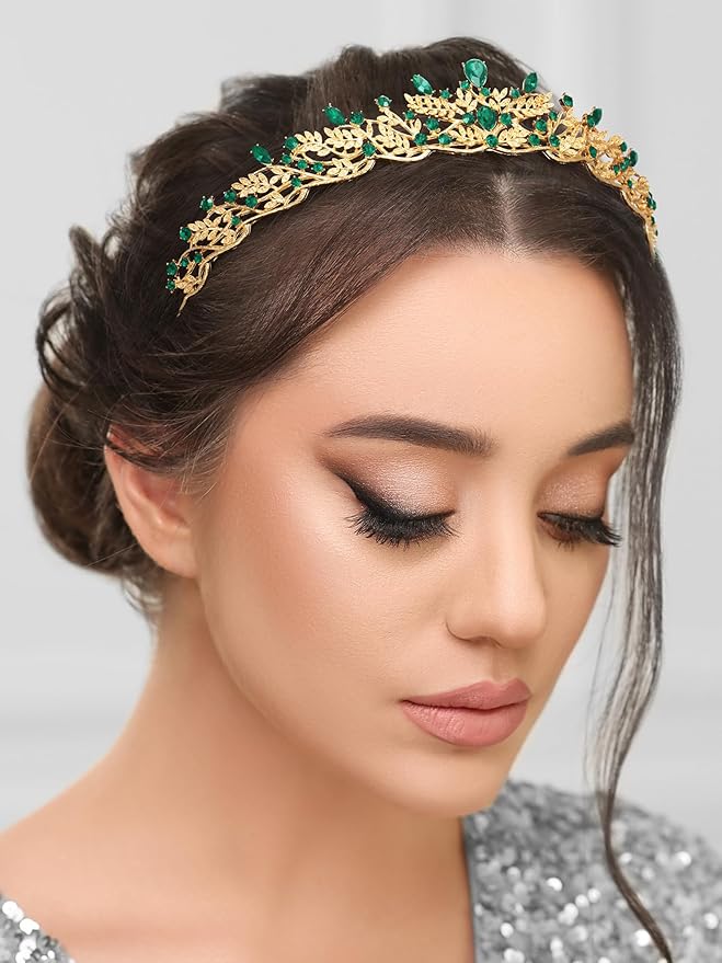 SWEETV Gold Princess Tiaras for Women Girls, Green Queen Crowns Tiaras Adult Headband for Bride Wedding Bridal Birthday Quinceanera Pageant Party Prom,Halloween Costume Cosplay Accessories