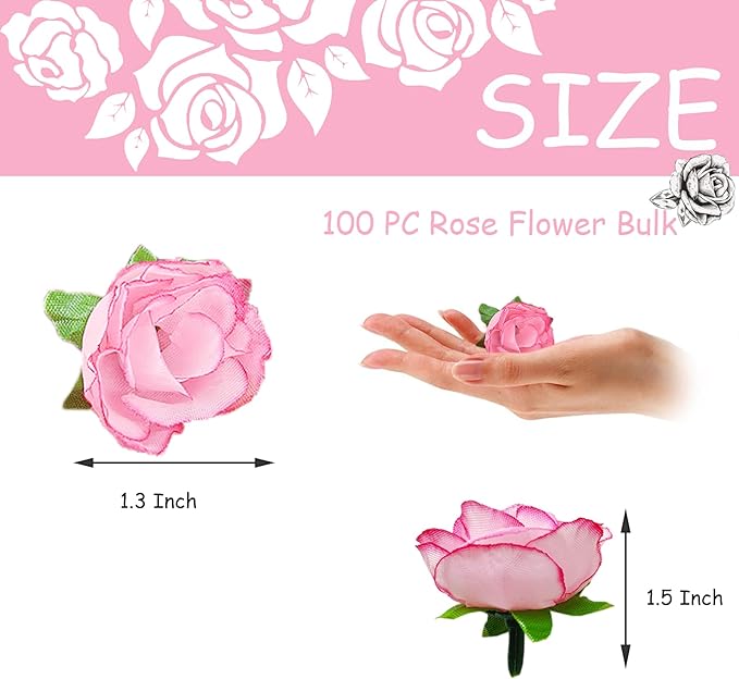 100pcs 1.3 Inch Pink Roses Artificial Flowers Silk Mini Pink Roses Head Bulk Fake Pink Rose for Wedding Party DIY Centerpieces Decor