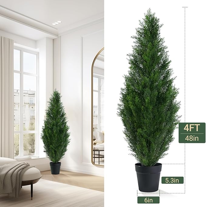 4FT Artificial Topiary Cedar Tree, Fake Cedar Plant for Indoor Outdoor Décor, UV Resistant Faux Evergreen Tree for Home Garden Porch Office, Artificial Christmas Tree Alternative Decoration