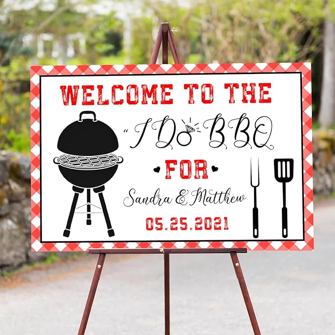 I Do BBQ Welcome Decoration - Printed Barbeque Sign for Engagement Party, Red Gingham Couples Shower