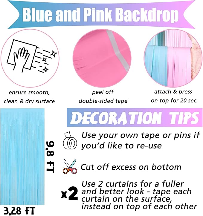 4 Pack 3.2Ft x 9.8Ft Pink Blue Fringe Curtain Backdrop, Metallic Tinsel Foil Fringe Streamers Curtains Background for Photo Booth Wedding Gender Reveal Backdrop Boy or Girl Birthday Party Decoration