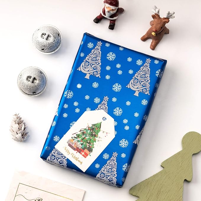 WRAPAHOLIC Blue Christmas Wrapping Paper Set - Blue and Silver Metallic Foil Shine Christmas Wrapping Paper Bundle with Gift Bow & Ribbon & Tag & Sticker