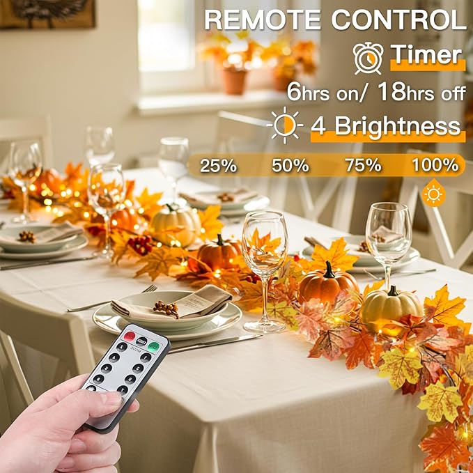 suddus Fall Leaves Garland with Lights, 20LED Battery Operated Fall Lights with Timer, Thanksgiving Decoration for Home, Table, Mantle, Office, Outdoor, Autumn, Halloween, Yellow