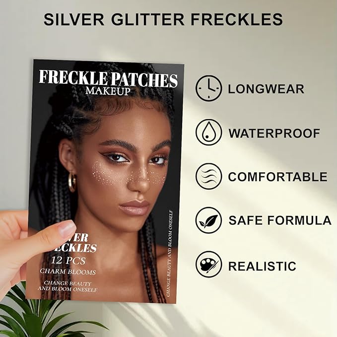 12Pcs Glitter Freckles for Women, Long Lasting Waterproof Holographic Sparkle Temporary Face Tattoo Star Sticker Makeup Patches for Rave Musical Festival Accessories (SILVER FRECKLES)