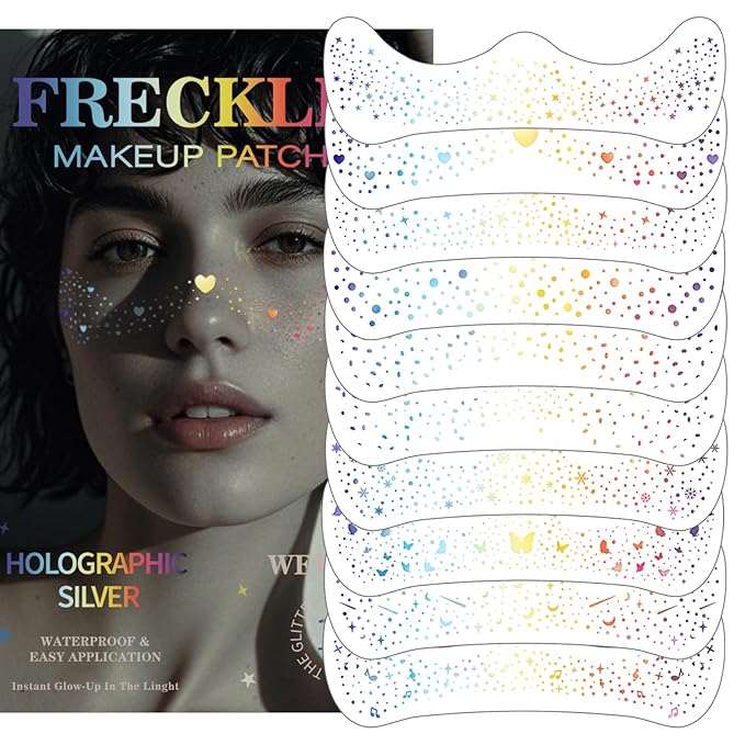 10PCS Holographic Multicolor Glitter Freckles Face Tattoos, Sparkle Freckles Makeup Patches, Long Lasting Waterproof Face Glitter Temporary Tattoos