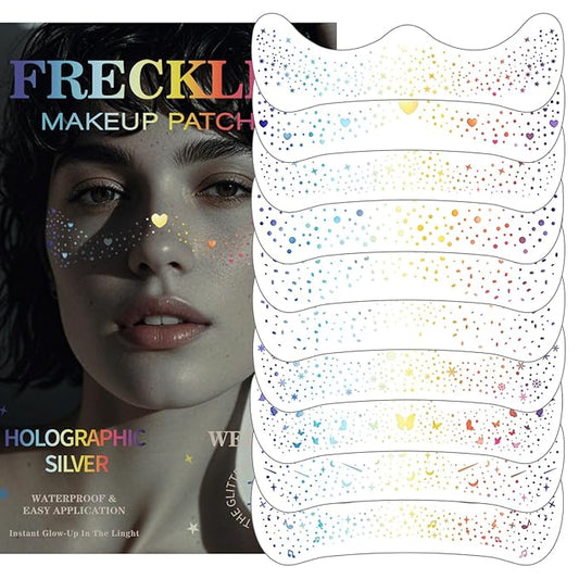 10PCS Holographic Multicolor Glitter Freckles Face Tattoos, Sparkle Freckles Makeup Patches, Long Lasting Waterproof Face Glitter Temporary Tattoos
