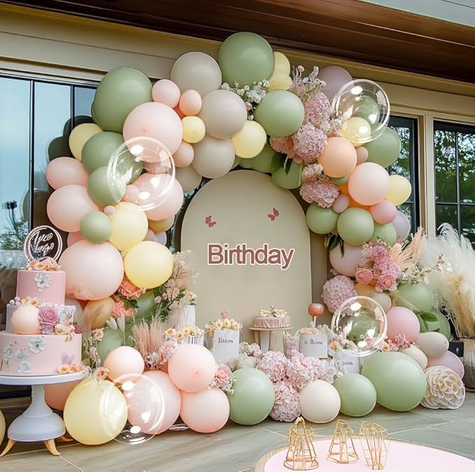 Pastel Green Pink Balloon Arch Kit Double Stuffed Dusty Sage Green Pink Yellow White Sand Balloon Garland Beige Cream Balloons for Baby Bridal Shower Birthday Wedding Fairy Flower Tea Party Decor