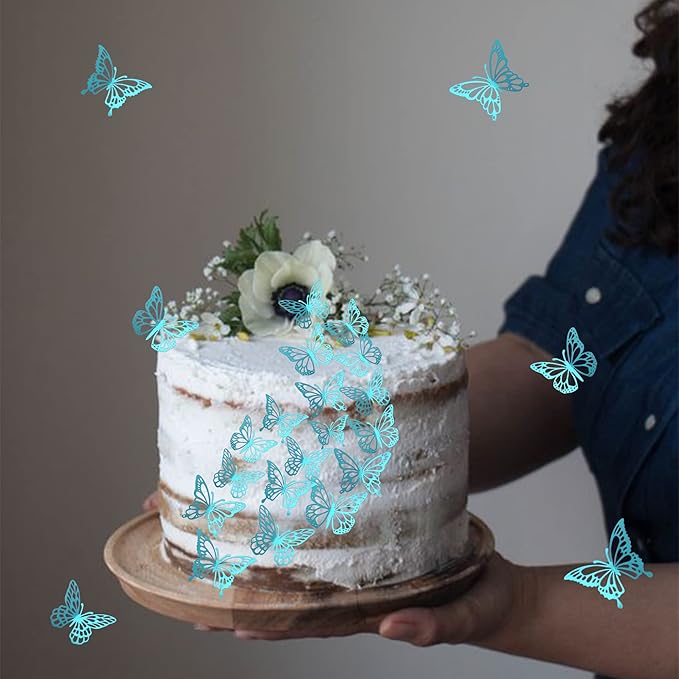 40 PCS Laser 3D Butterfly Cupcake Toppers Hollow Arts Cake Decorations for Baby Shower Wedding Fairy Birthday Party Supplies Wall Sticker Mixed Styles Sky Blue
