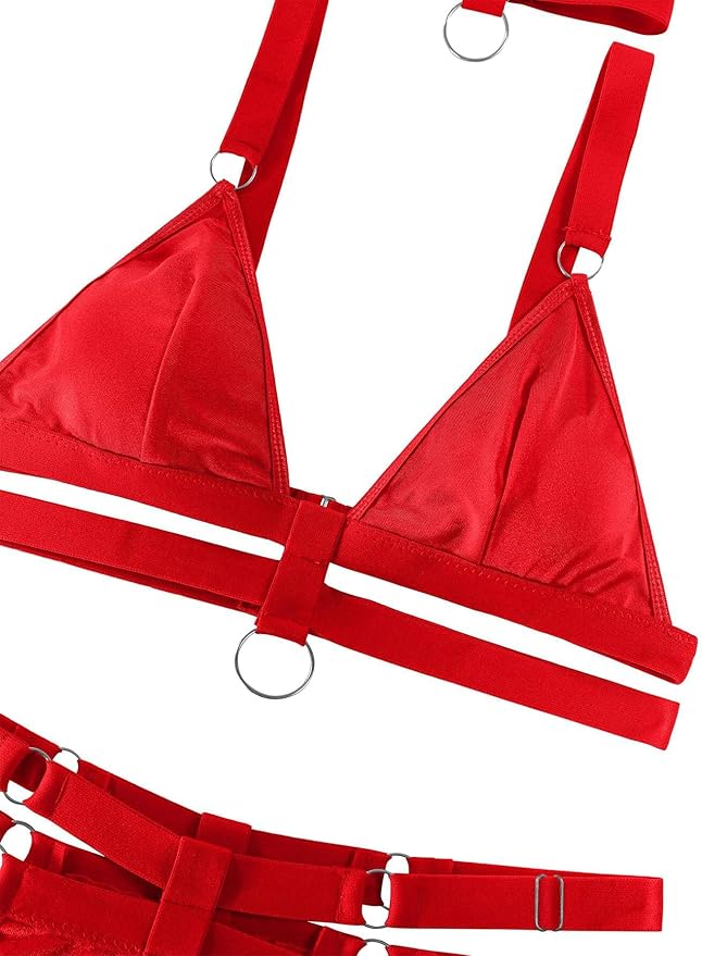 Lilosy Sexy Wireless Choker O Ring Linked Strappy Harness Lingerie Set Outfits 3 Piece