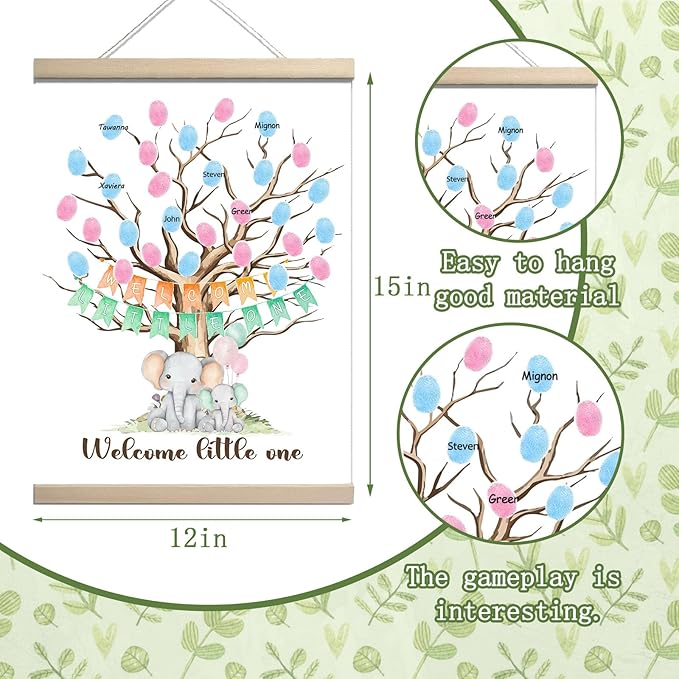 QZCYU Gender Reveal Gifts Idea Party Fingerprint Decorations - Elephant Theme Canvas Decor - Woodland Baby Shower Guest Book (12x15in)