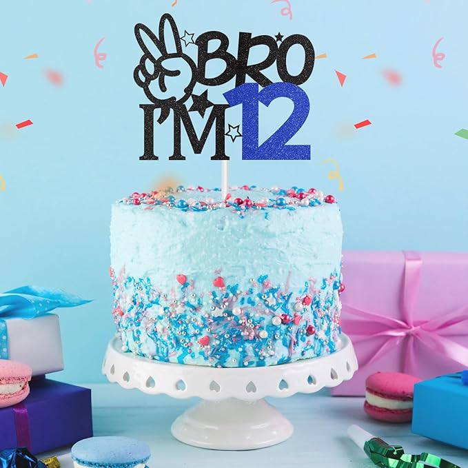 Bro I'm 12 Cake Topper, 12th Birthday Decorations for Boy, Glitter Funny 12th Birthday Cake Topper, Big Brother 12 Year Old Birthday Party Decoration Supplies