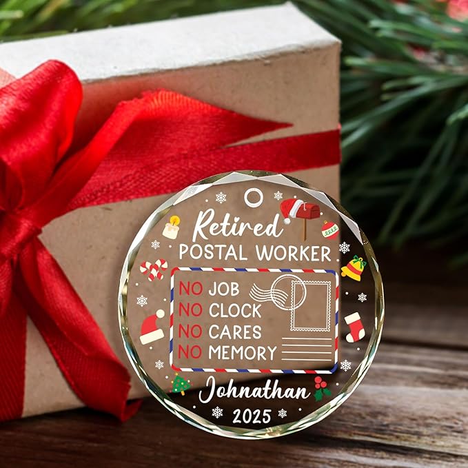 Personalized Retired Postal Worker Christmas Ornaments, Mail Carrier Retirement Glass Ornament Xmas 2025, First Christmas Retired Ornament Gifts for Mailman Postman, Custom Name Year Ornaments