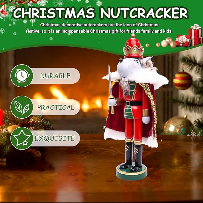 11" Wooden Mouse King Nutcracker, Festive Christmas Decoration, Handcrafted Mouse Themed Nutcracker Collectible Christmas Decor for Tabletop, Shelves, and Fireplace Mantel