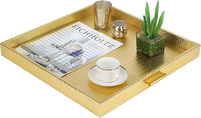 HofferRuffer Elegant Decorative Serving Tray, 20"x20" Square Faux Leather Ottoman Tray with Gold Hardware Handles, Coffee Table Serve Tea, Coffee or Breakfast (Gold, Square-20 inch)
