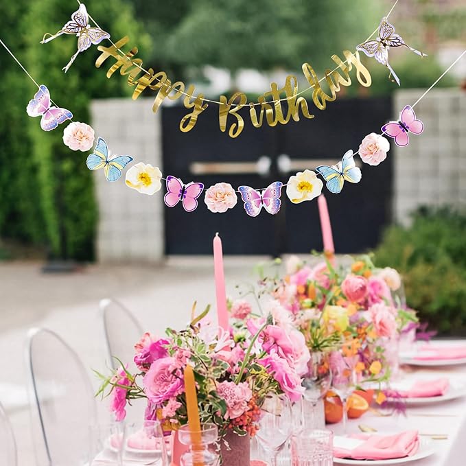 SUNBEAUTY Butterfly Happy Birthday Banner Butterfly Birthday Garden Party Decorations Fairy Party Decoration Summer Flowers Banner | Pre-Strung