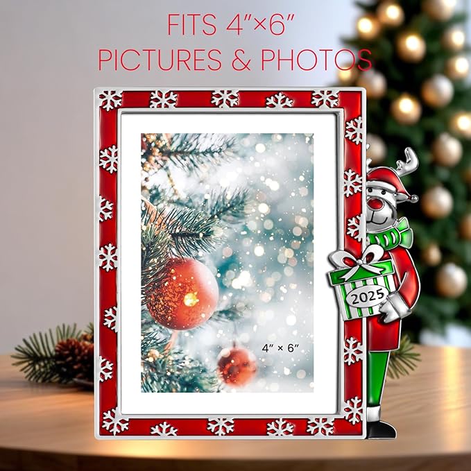 4x6 Christmas Photo Frame - 2025 Metal Reindeer Photo Frame High Definition Glass Display Pictures,Home Decor,Holiday Gifts,Christmas Decorations