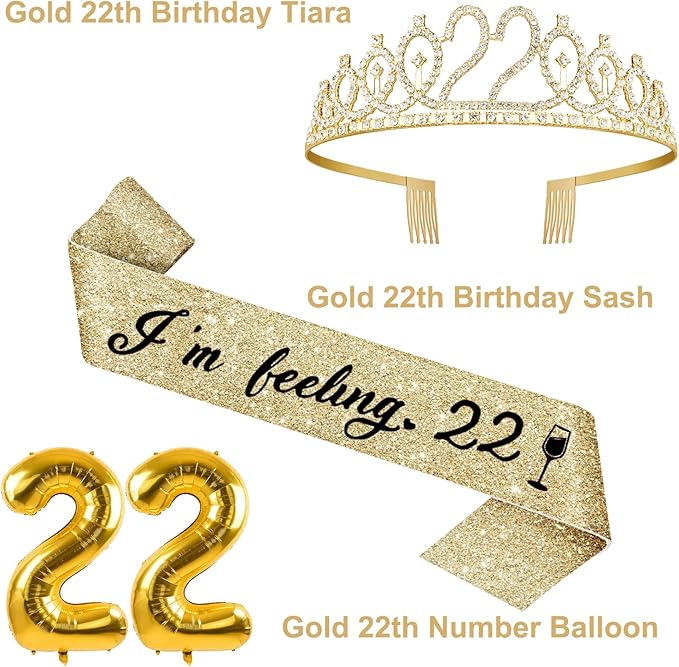 22 Birthday Decorations for Women with 22nd Birthday Sash and Crown, Cake Topper and Candles, Number Balloons, 22 Year Old Gifts for Girls