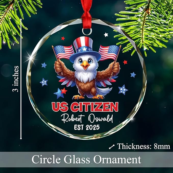Novelty Owl US Citizen Glass Xmas Ornament Gift for New U.S. Citizenship, Personalized Year Name New American Citizen Christmas Ornament 2025, Custom USA Citizens Hanging Ornament Gift for Patriotic