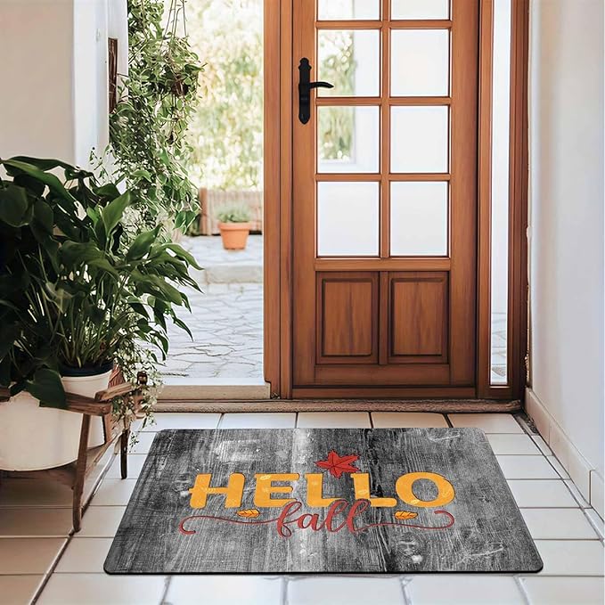 Hello Fall Door Mat Fall Maple Leaves Welcome Doormat, Seasonal Harvest Thanksgiving Vintage Rustic Low-Profile Floor Switch Mat for Indoor Outdoor