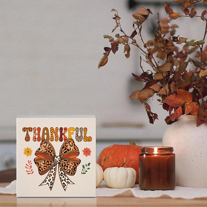 Thankful Fall Decor Fall Decorations for Home Autumn Leopard Bow Decor Cute Autumn Thanksgiving Decorations for Desk Table 5 x 5 inches