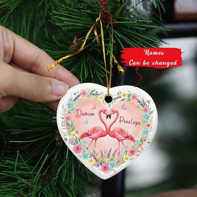 Couple Flamingo Marriage Christmas Heart Ornament 2025, Personalized Ornament Gift for Just Married Wedding, Pink Flamingo with Floral Keepsake, Custom Names Couple Bird Ceramic Ornaments Xmas