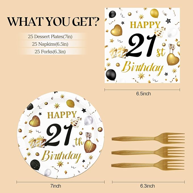 75PCS 21st Birthday Paper Plates and Napkins Party Decorations, 7 Inch White and Gold 21st Birthday Plates Napkins Cheers to 21 Years Tableware Set Party Supplies for Her Him