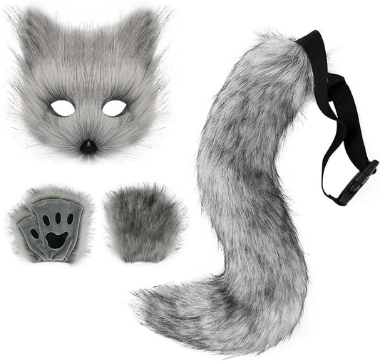HAOAN Furry Fox Mask Wolf Fox Tail and Paw Gloves Set Adult Cat Halloween Mask Cosplay Animal Party Costume