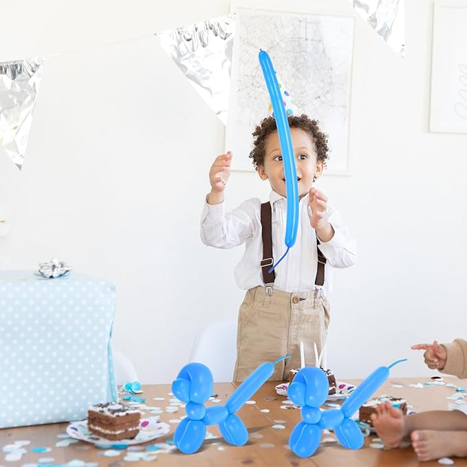 100pcs Blue Long Latex Balloons DIY Modeling Kit for Birthday Party Decorations Twistable Skinny Balloons for Wedding Valentine and Festive Photo Props