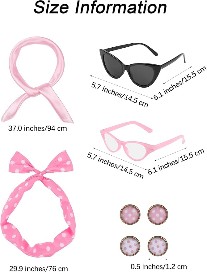Aneco 6 Pack 50s Set Chiffon Scarf Cat Eye Glasses Bandana Tie Headband Earrings