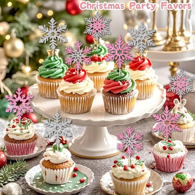 24pcs Glitter Snowflake Cupcake Toppers Double Layer Pink Silver Cake Decorations Winter Frozen Theme Cupcake Picks for Winter Wonderland Baby Shower Christmas Party Favors
