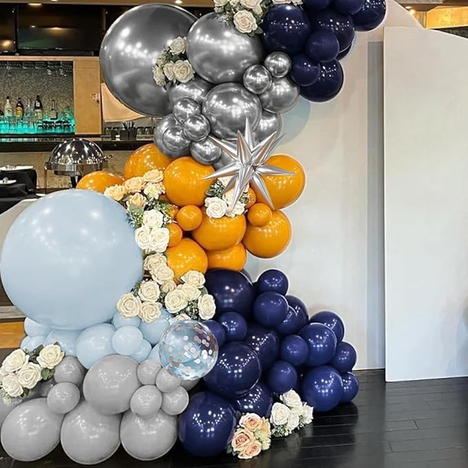 Blue Yellow Gray Balloon Garland Arch Kit, 156Pcs Pastel Navy Blue Dusty Grey Lemon Yellow Metallic Silver Balloons with Exploding Star for Baby Shower Wedding Birthday Lemonade Honeybee Party