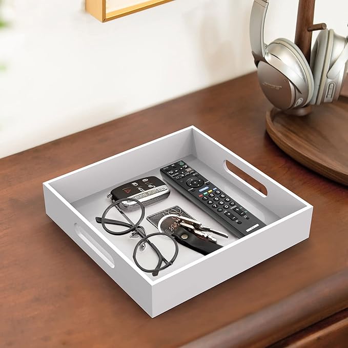 Home Decorative Coffee Table Tray, 10"x10" Elegant Acrylic Serving Trays with Handles Works for Eating, Breakfast, Makeup Drawer Organizer,Bathroom Vanity Table,Ottoman Tray, White