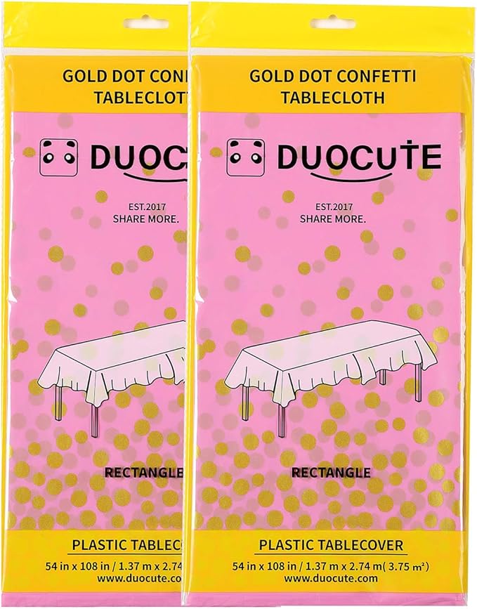Pink and Gold Disposable Party Tablecloth for Rectangle Table, Gold Stamping Dot Confetti Rectangular Plastic Table Cover, for Bachelorette, Girl Birthday and Baby Shower, Wedding 108"x54" 2 Packs