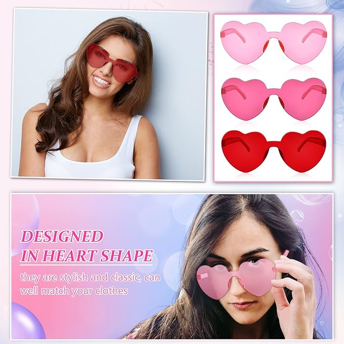 Flutesan 42 Pairs Heart Shaped Sunglasses Bulk for Women Cute Y2k Trendy Rimless Transparent Heart Glasses for Party Favor