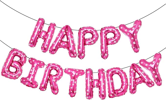Accevo Pink Happy Birthday Banner,16 Inch Mylar Foil Letters Balloons Heart Pattern Balloons Happy Birthday Balloon for Kids, Child, Adults, Boys & Girls Birthday Party Decorations Happy Birthday Sign