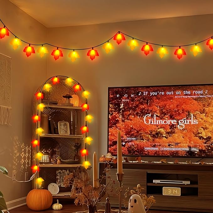 Maple Leaf Fall Lights 8.5Ft – LED String Lights with 10 3D Orange Yellow Leaves for Autumn Home, Kitchen, Table, Mantel & Thanksgiving Decor