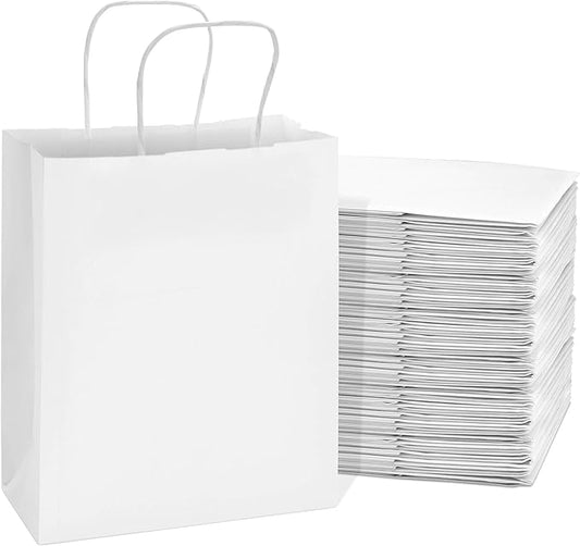 Prime Line Packaging White Paper Gift Bags, Kraft Gift Bags with Handles for Small Business, Boutique, Retail, Shopping, Birthdays, Favors, Bulk, 8x4x10, 100 Pack