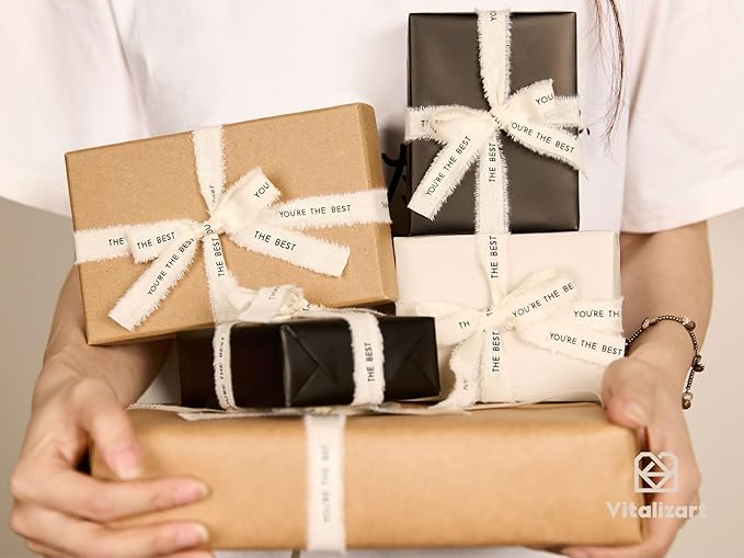 Vitalizart You're The Best Cotton Ribbon 5/8 Inch Cream White Natural Handmade Frayed Fringe Ribbons 15 Yd 3 Rolls for Gift Wrapping Flower Bouquet Decor