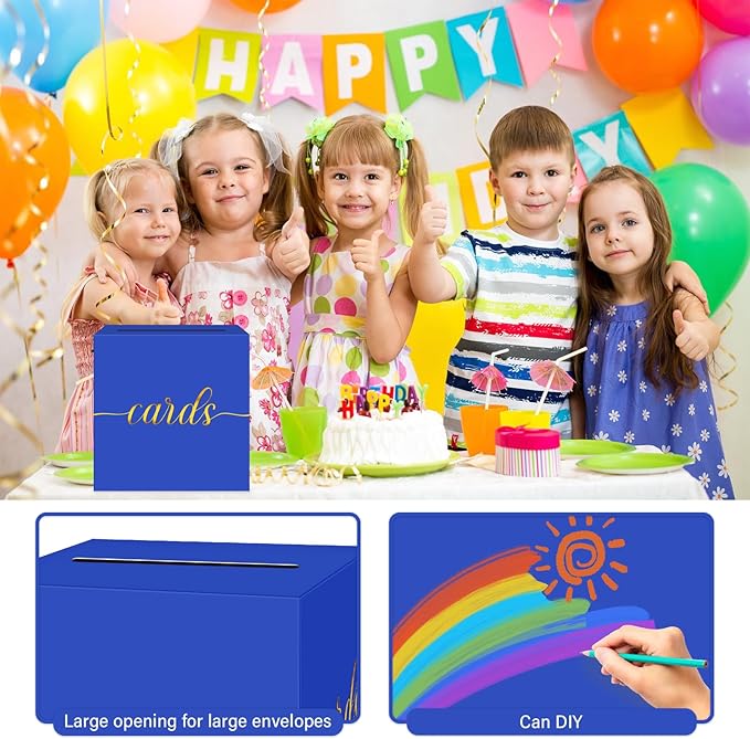 1 Pack Blue and Gold Foil Card Box for Party, 8.7" Blue Gift Card Box Money Box for Birthday, Wedding, Baby Shower, Retirement, Anniversary, Bridal Shower, Raffle Ticket