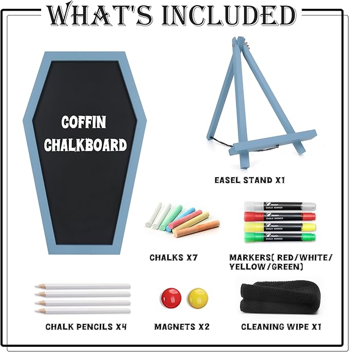 Coffin Chalkboard, Three Legged Stand-up Chalk Board for Desk, Magnetic Chalkboard Easel Sign Tabletop for Home, Office and School - Halloween Decorations Gothic Decor Spooky Gifts, 17''x10.5'', Blue