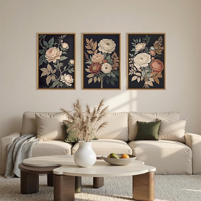 HOURIA Large Moody Dark Flower Framed Canvas Wall Art,Retro Beige Red Peony Wall Decor,Vintage Textured Blossom Botanical Artwork,Natural Wildflower Art Print for Living Room,Bedroom,Office-24 x36 x3