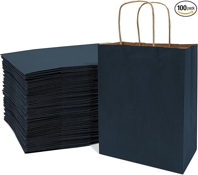 Prime Line Packaging Paper Gift Bags, Navy Blue Gift Bags Small with Handles, Shopping Bags for Business, Goodies, Party Favor, Welcome, Graduation, Bulk, 8x4x10, 100 Pack