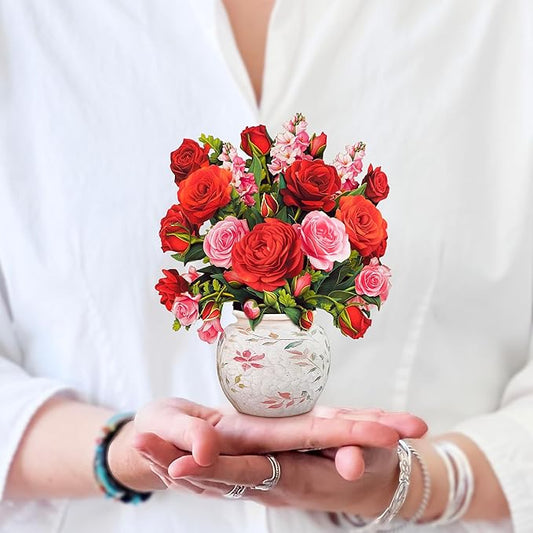 Freshcut Paper Pop Up Cards, Mini Blooming Roses, 6 Inch Mini Sized Forever Flower Bouquet 3D Popup Greeting Cards, Valentine's Day, Anniversary Card, Blank Notecard & Envelope