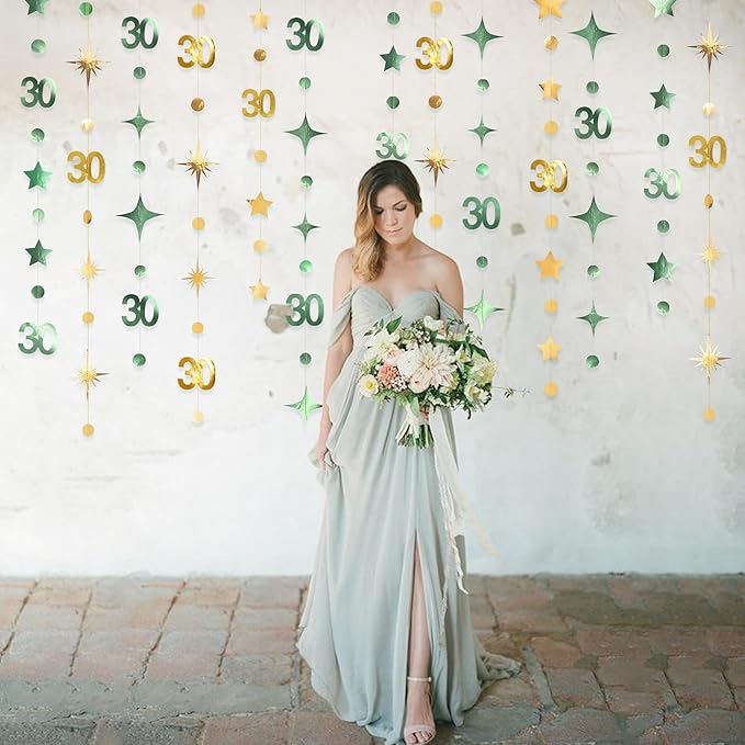Sage Green Gold 30th Birthday Decorations Number 30 Circle Dot Twinkle Star Garland Streamer Banner Backdrop for Womens Cheers to 30 Years Old Dirty Thirty Happy 30th Anniversary Party Supplies