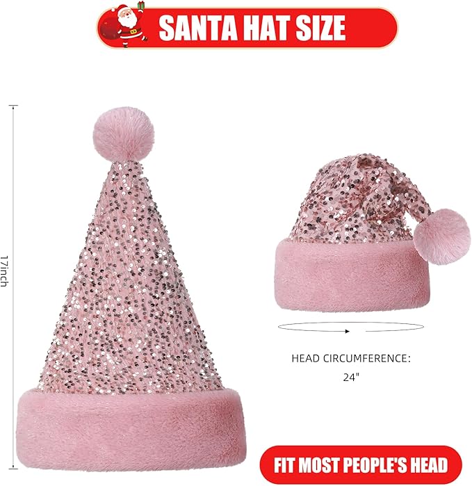 Personalized Sequin Santa Hat for Adults, Pink Glitter Christmas Party Hat, Xmas Halloween New Year Holiday Festive Headwear