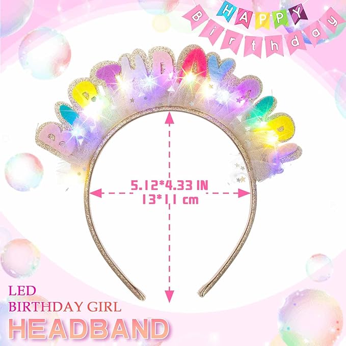 Light Up Birthday Girl Headbands LED Pink Birthday Crown Headpiece Glitter Party Hair Accessories for Women (Gold, One Size)